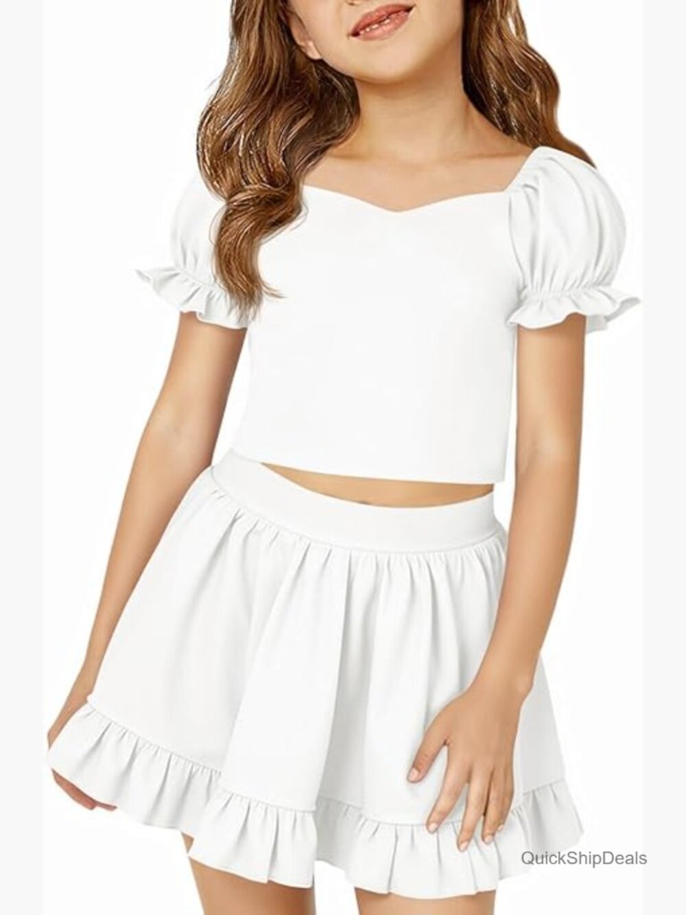 Girls Puff Sleeve Crop Top and Ruffle Mini Skirt with Shorts 2 Piece Set